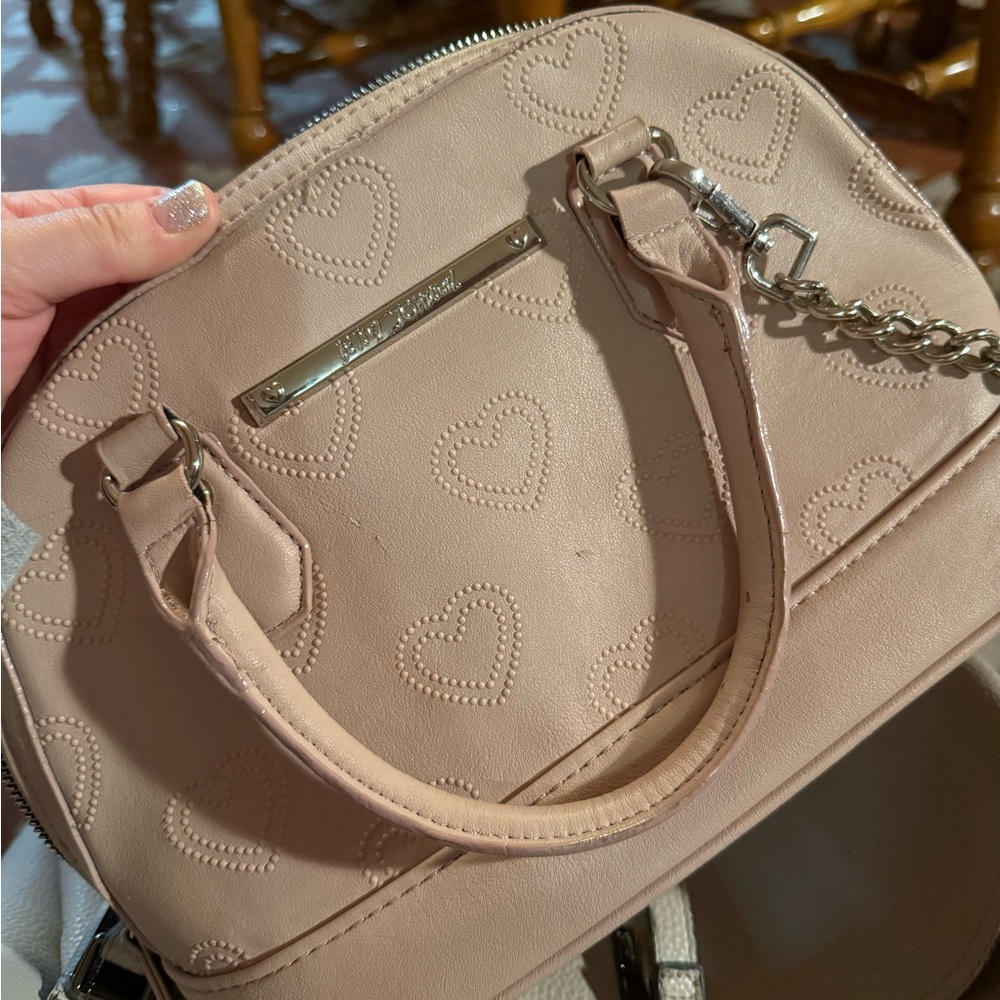 Betsey Johnson Heart-Embossed Beige Pink Handbag